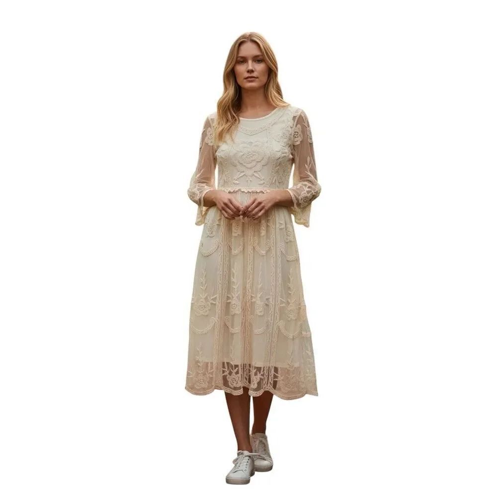 Mindful Souls 8/10 Embroidered Mesh Layer Midi Dress Cream Ethereal Boho Fairy